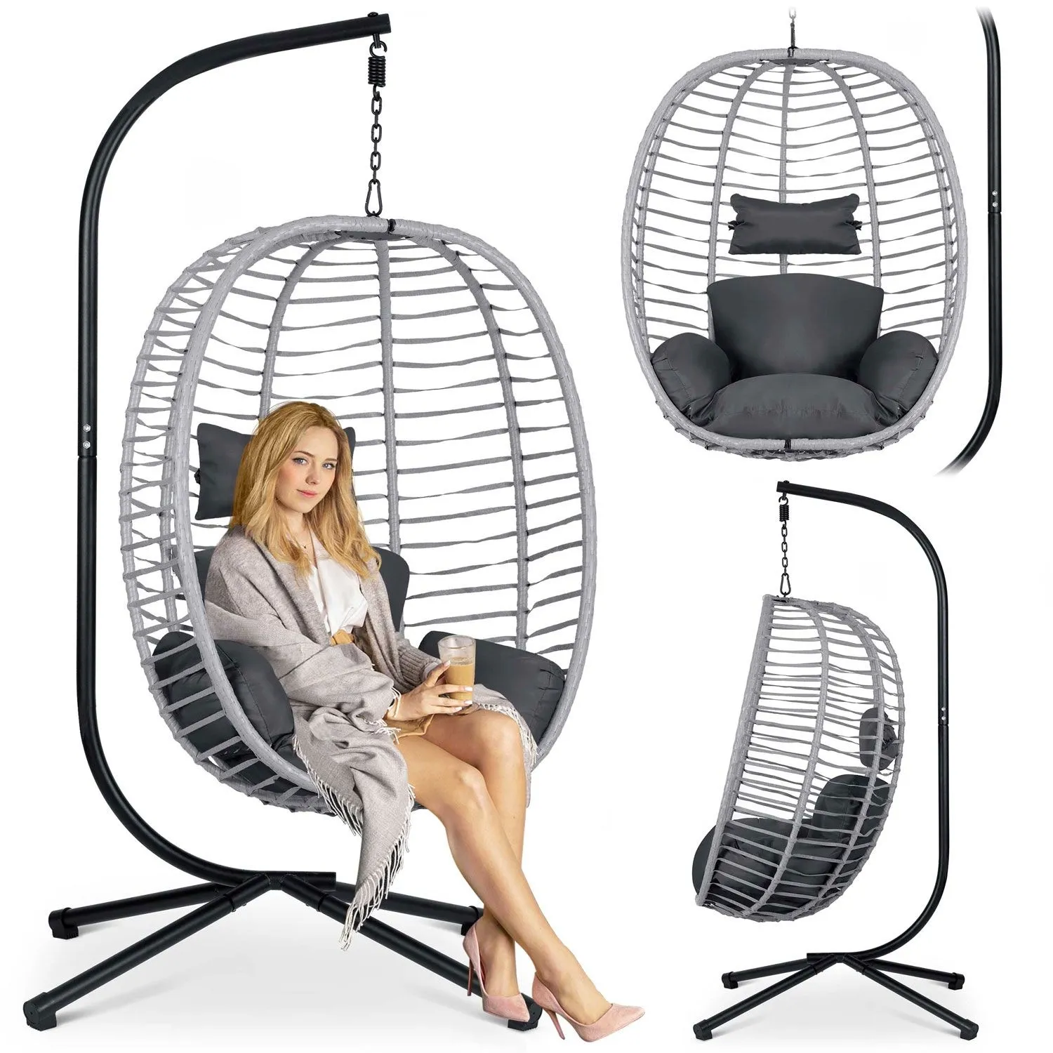 Fotel ogrodowy, wiszący, Toskana, 98x201 cm, czarny, szary