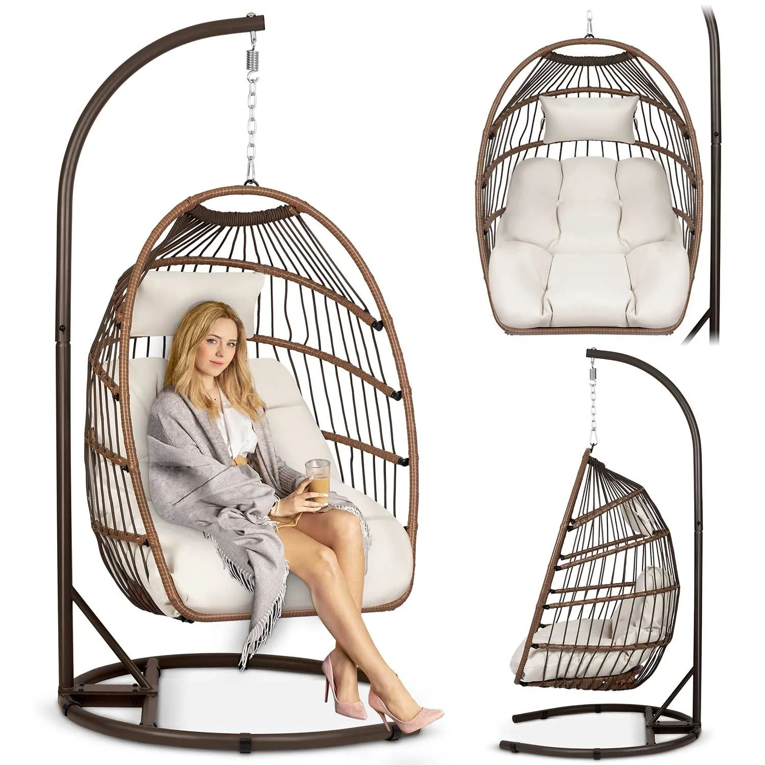 Fotel wiszący do ogrodu, huśtawka, Luisiana, 101x195 cm, brązowy, beżowy