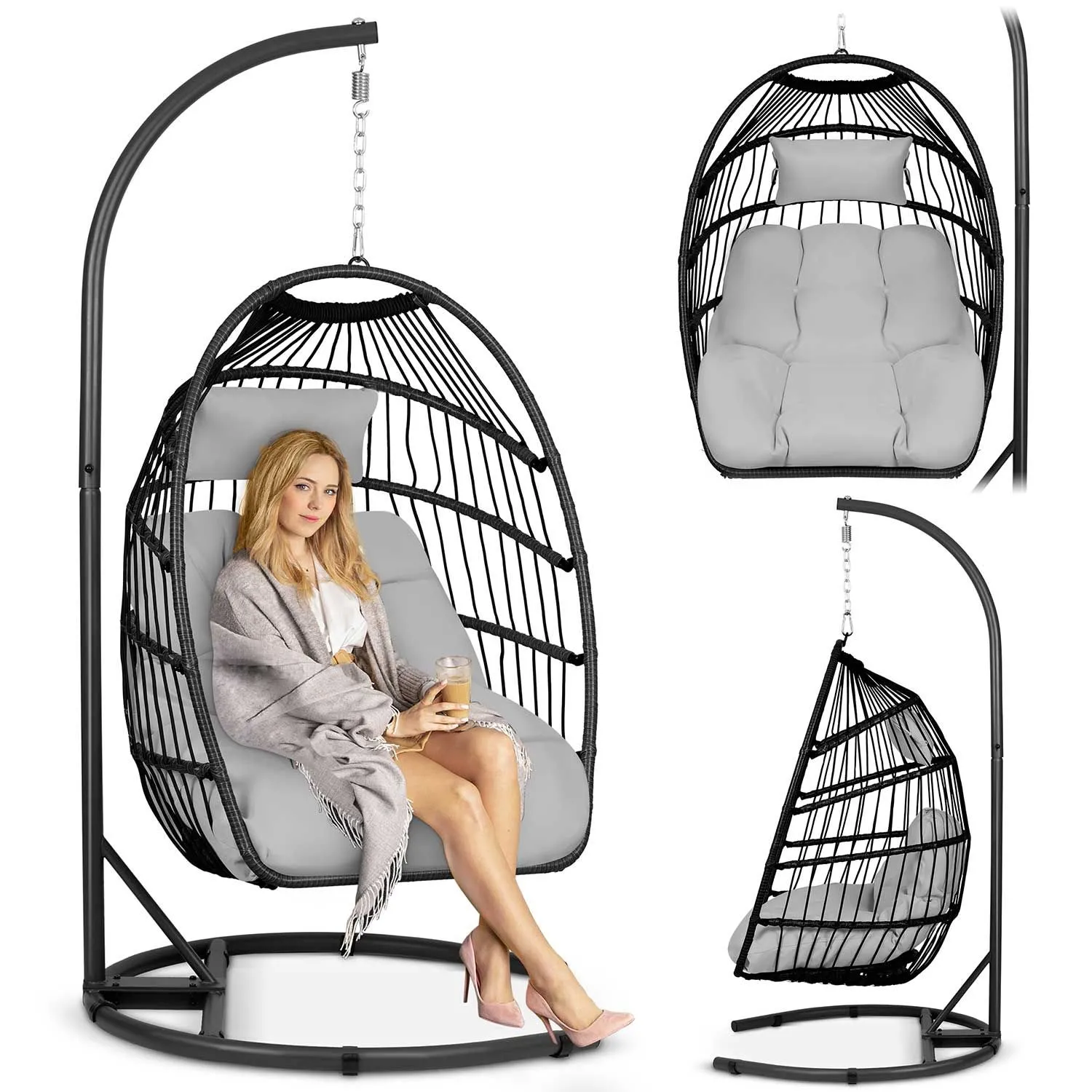 Fotel wiszący do ogrodu, huśtawka, Luisiana, 101x195 cm, szary, czarny