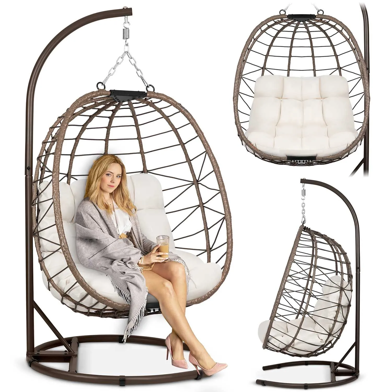 Fotel ogrodowy, wiszący, Tihuana, 104x194 cm, brązowy, jasny beż