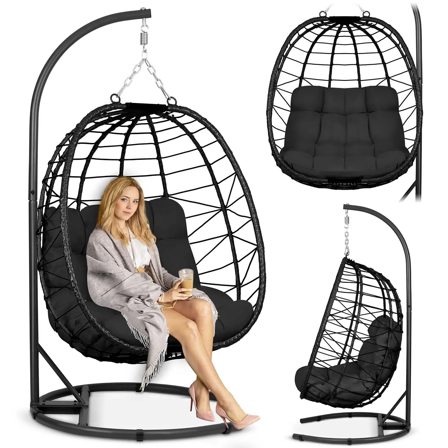 Fotel ogrodowy, wiszący, Tihuana, 104x194 cm, czarny