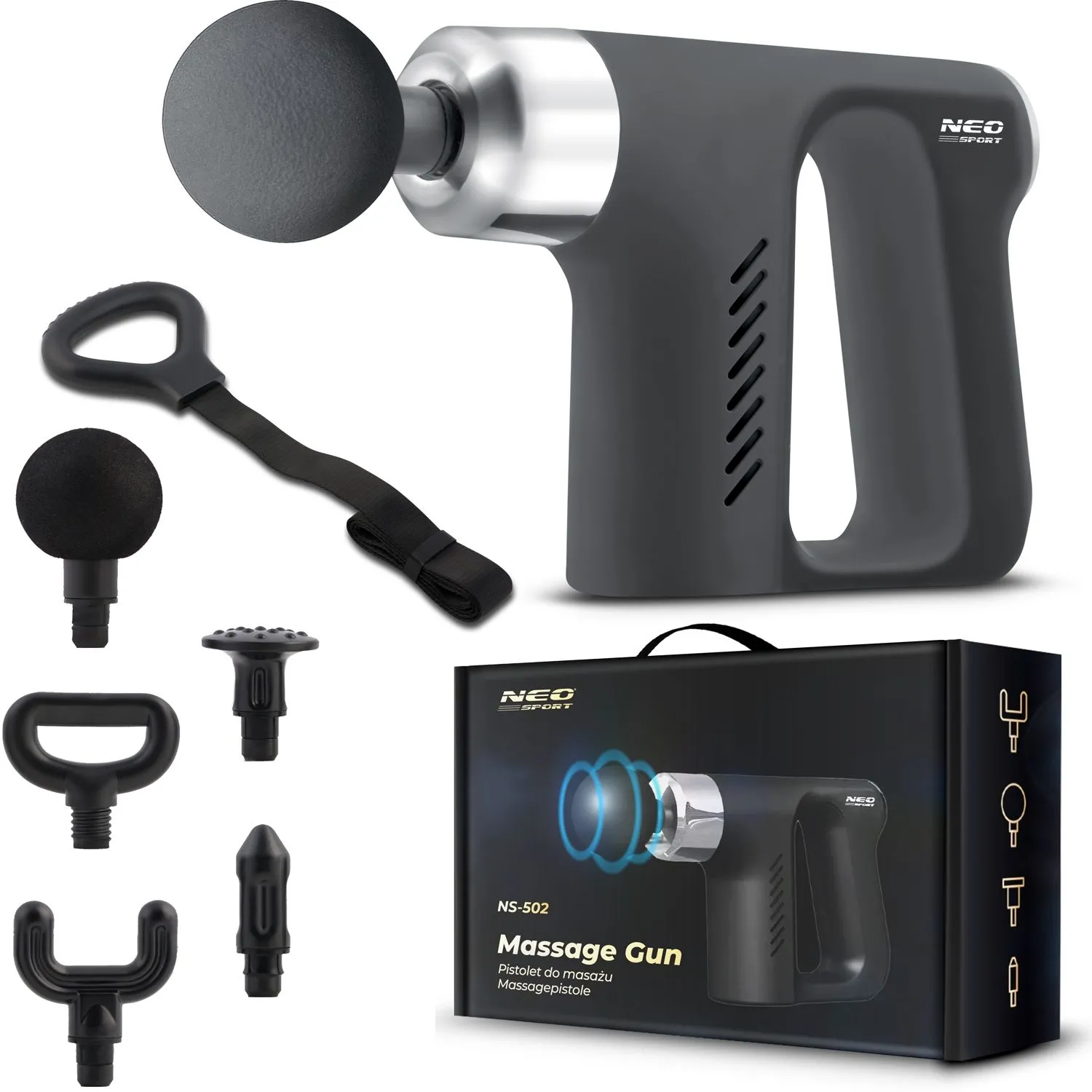 Pistolet do masażu ciała, 5 nakładek, Neo-sport, czarny