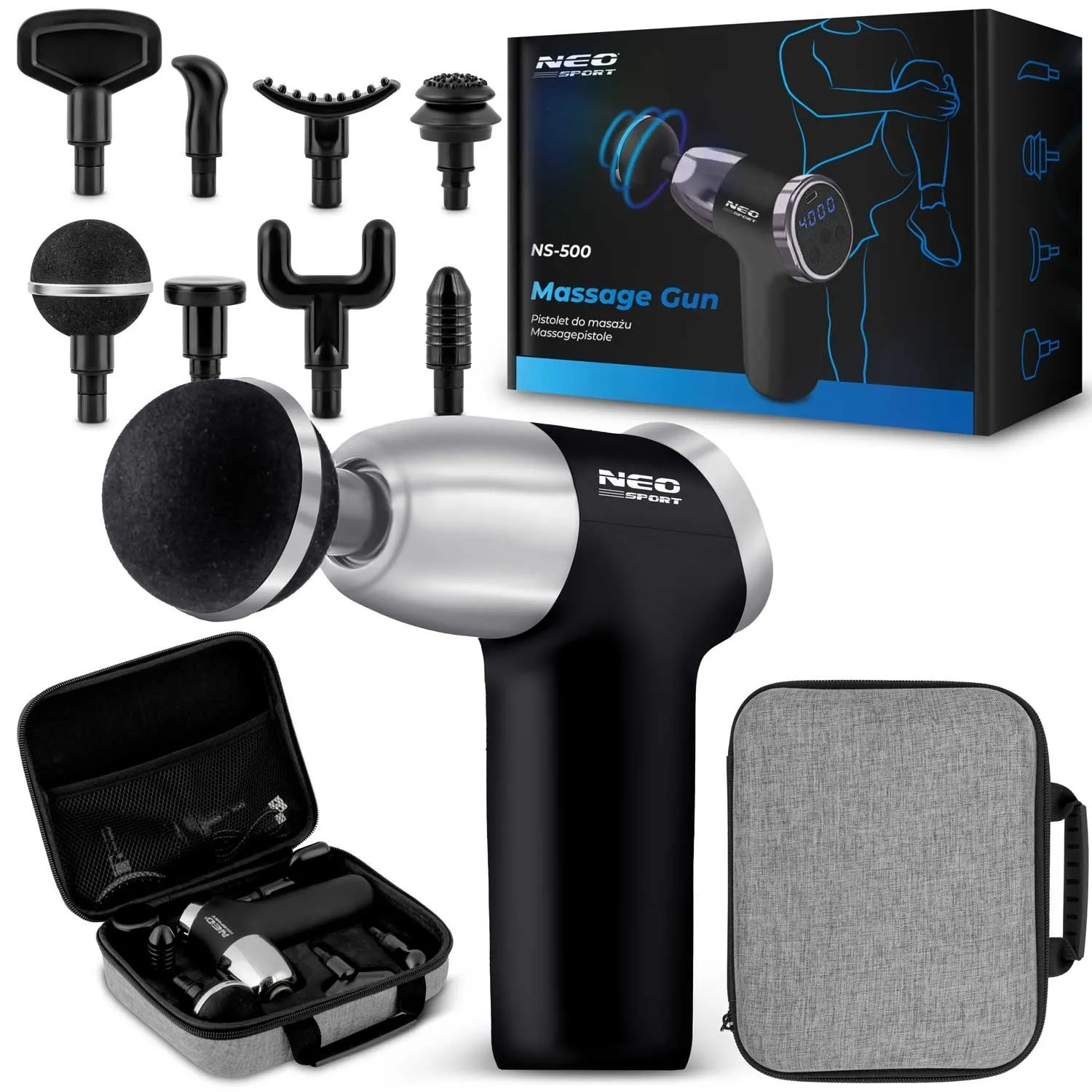 Pistolet do masażu, 8 nakładek, Neo-sport, czarny