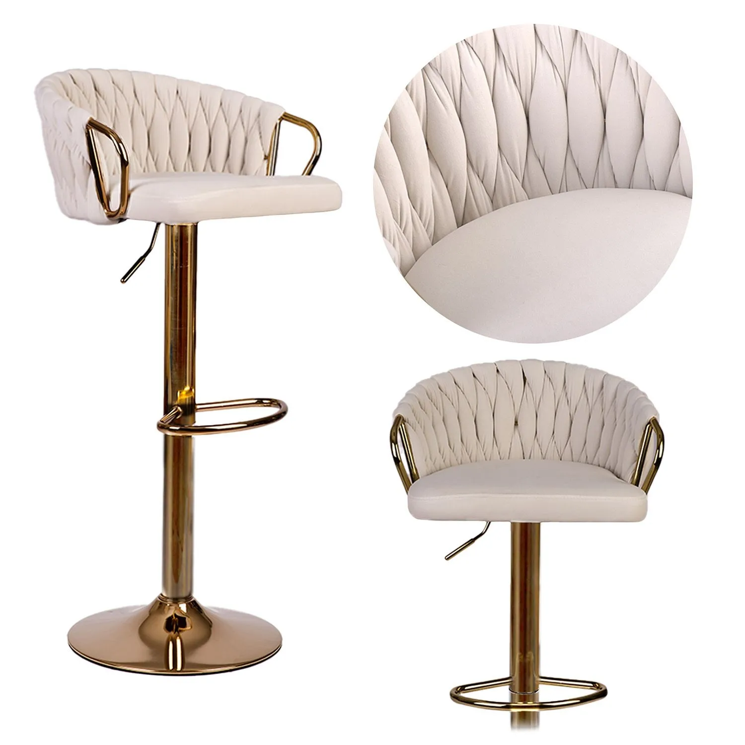 Hoker barowy z oparciem, Elissian, Sofotel, beżowy ze złotą podstawą