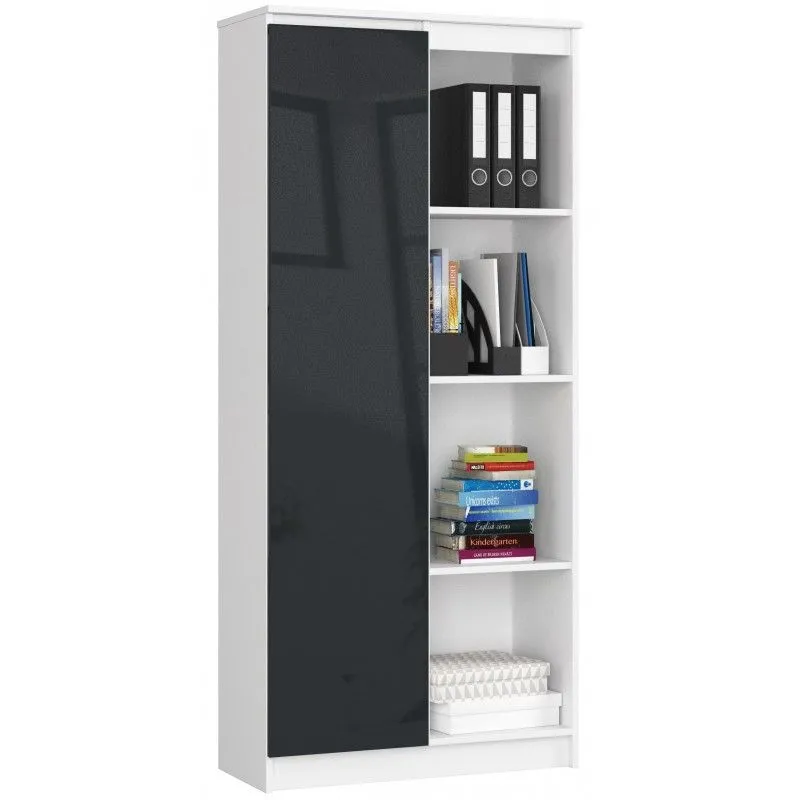 Regał biurowy, zamykany, półki, 80x35x180 cm, biały, grafit, połysk