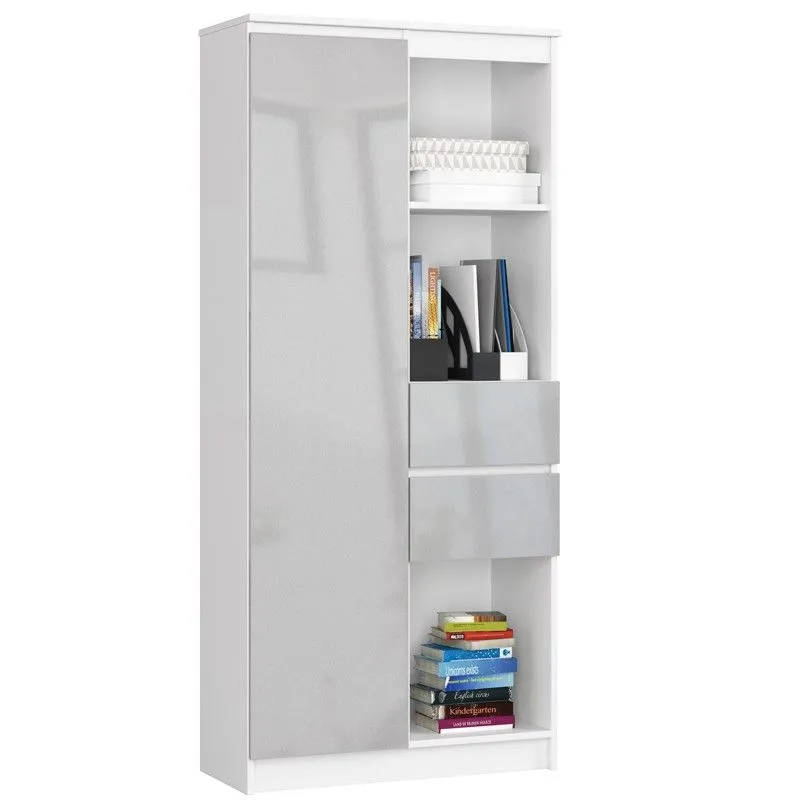 Regał biurowy, półki, szuflady, 80x35x180 cm, biały, metalik, połysk