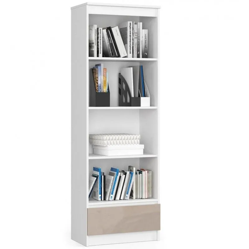 Regał do salonu, biura, szuflada, półki, 60x35x180 cm, biały, cappuccino, połysk