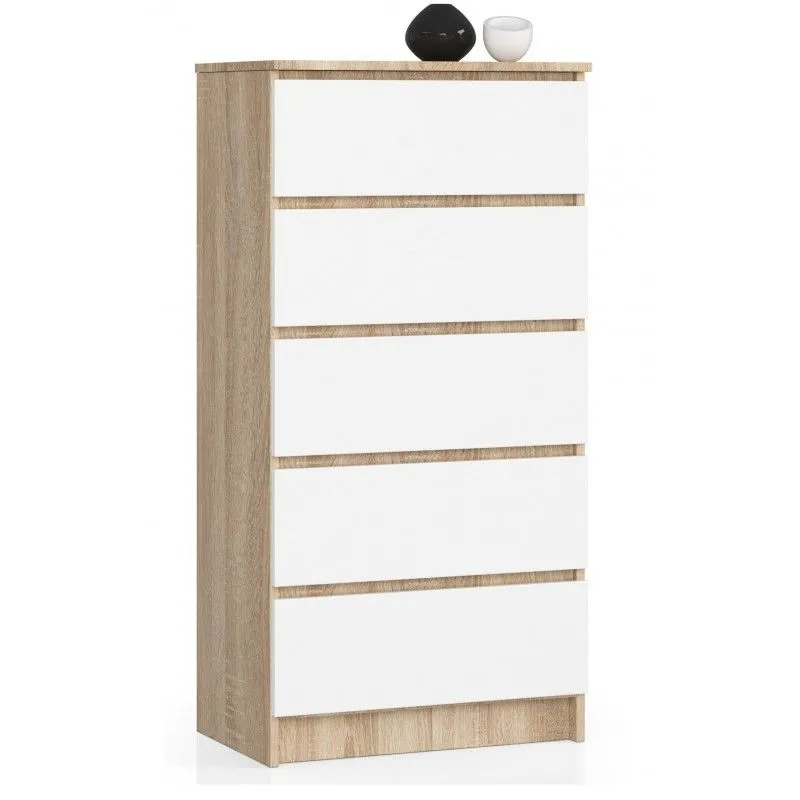 Komoda do sypialni, 5 szuflad, 60x40x121 cm, dąb sonoma, biel, mat