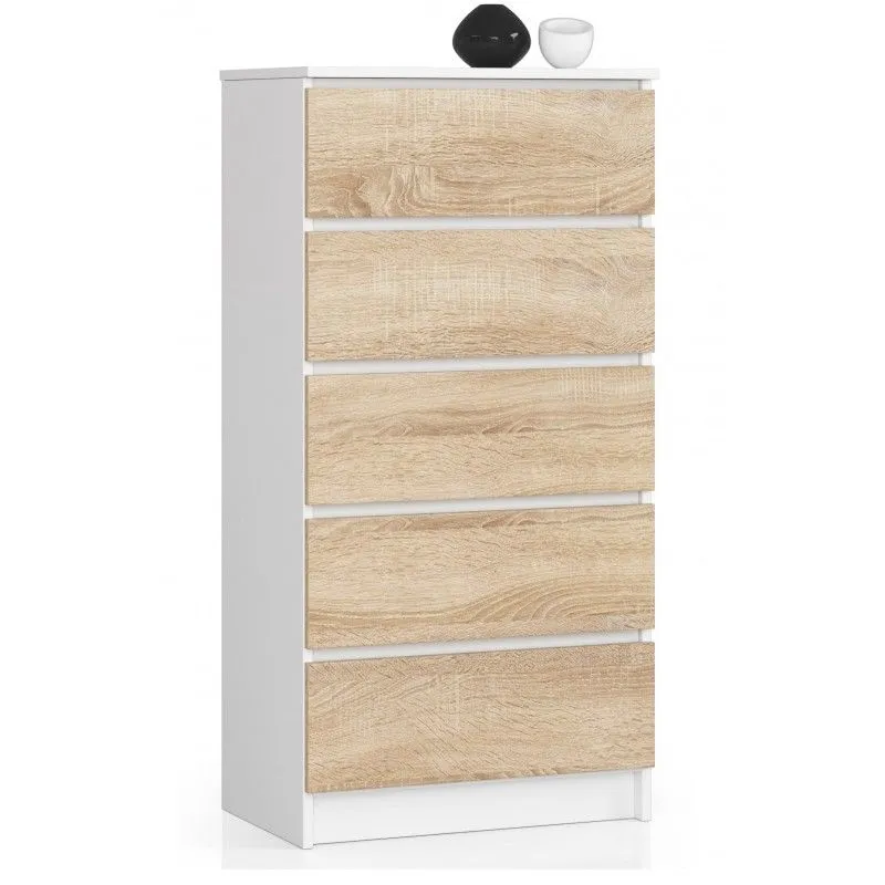 Komoda do sypialni, 5 szuflad, 60x40x121 cm, biel, dąb sonoma, mat