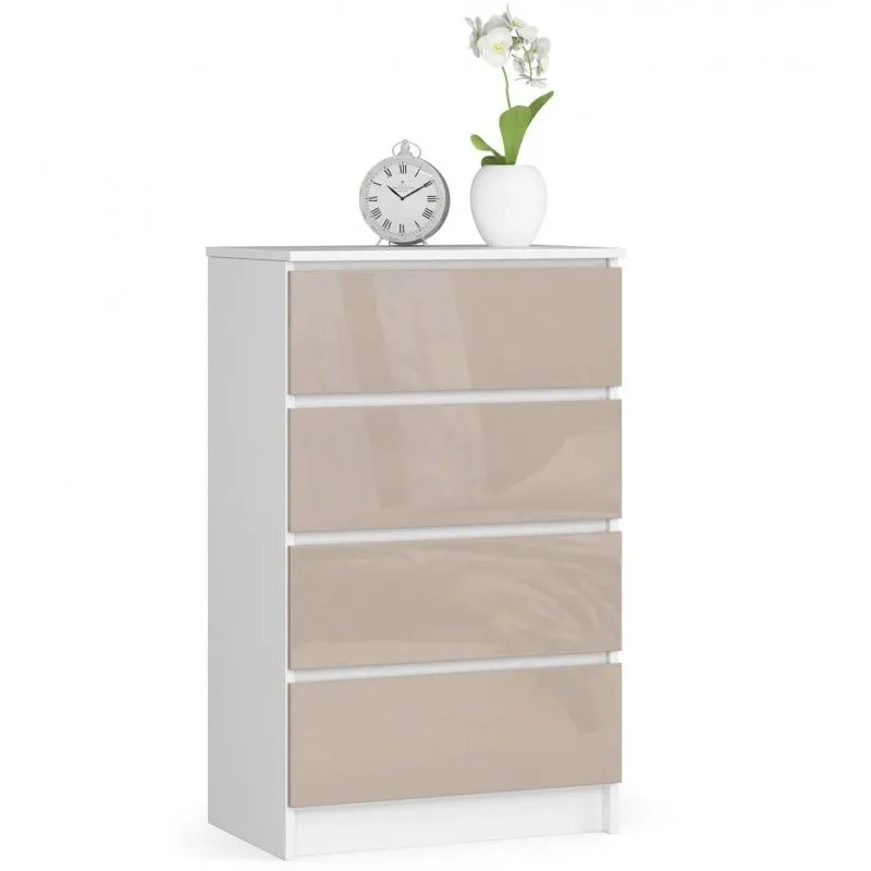 Komoda do sypialni, 4 szuflady, 60x40x99 cm, biel, cappuccino, połysk