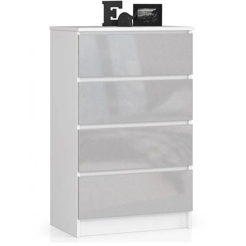 Komoda do sypialni, 4 szuflady, 60x40x99 cm, biel, metalik, połysk
