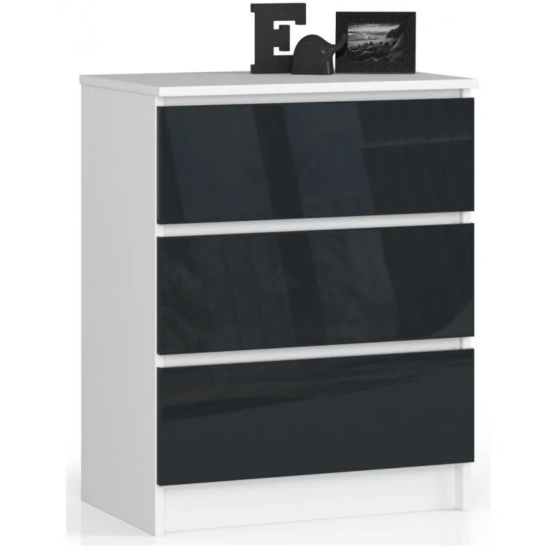 Komoda do sypialni, 3 szuflady, 60x40x77 cm, biel, grafit, połysk