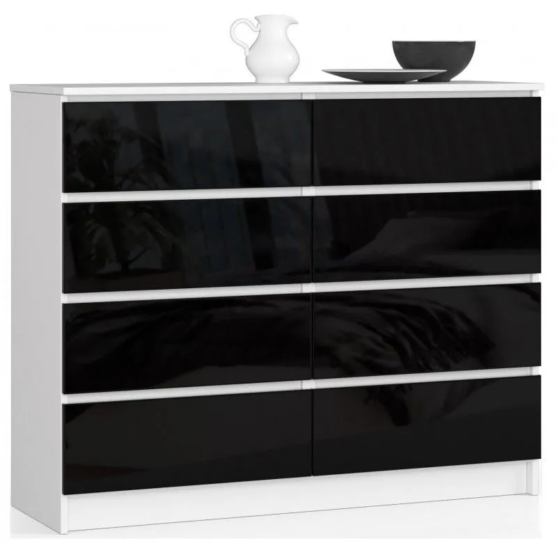 Komoda do salonu, sypialni, 8 szuflad, 120x40x99 cm, biel, czarny, połysk