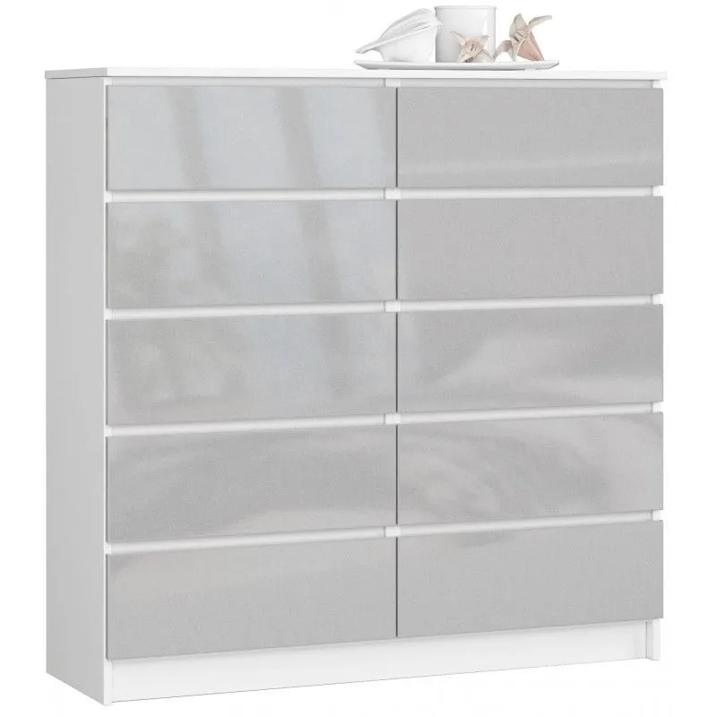 Komoda do salonu, sypialni, 10 szuflad, 120x40x121 cm, biel, metalik, połysk
