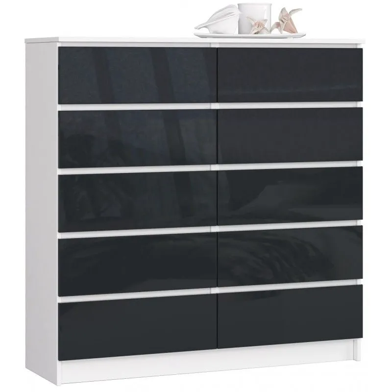 Komoda do salonu, sypialni, 10 szuflad, 120x40x121 cm, biel, grafit, połysk