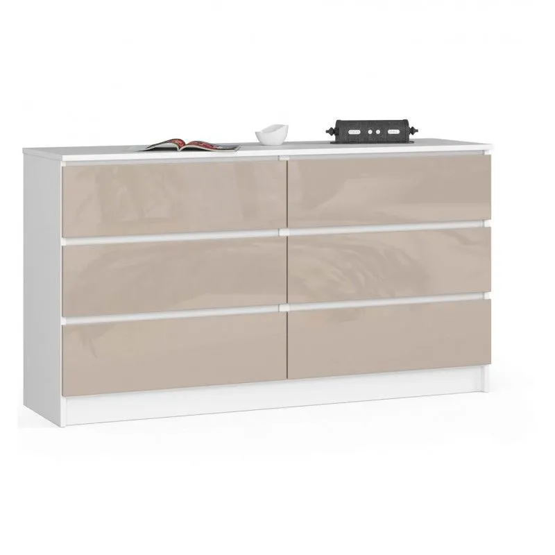 Komoda do sypialni, 6 szuflad, 140x40x77 cm, biel, cappuccino, połysk