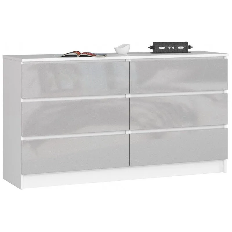 Komoda do sypialni, 6 szuflad, 140x40x77 cm, biel, metalik, połysk