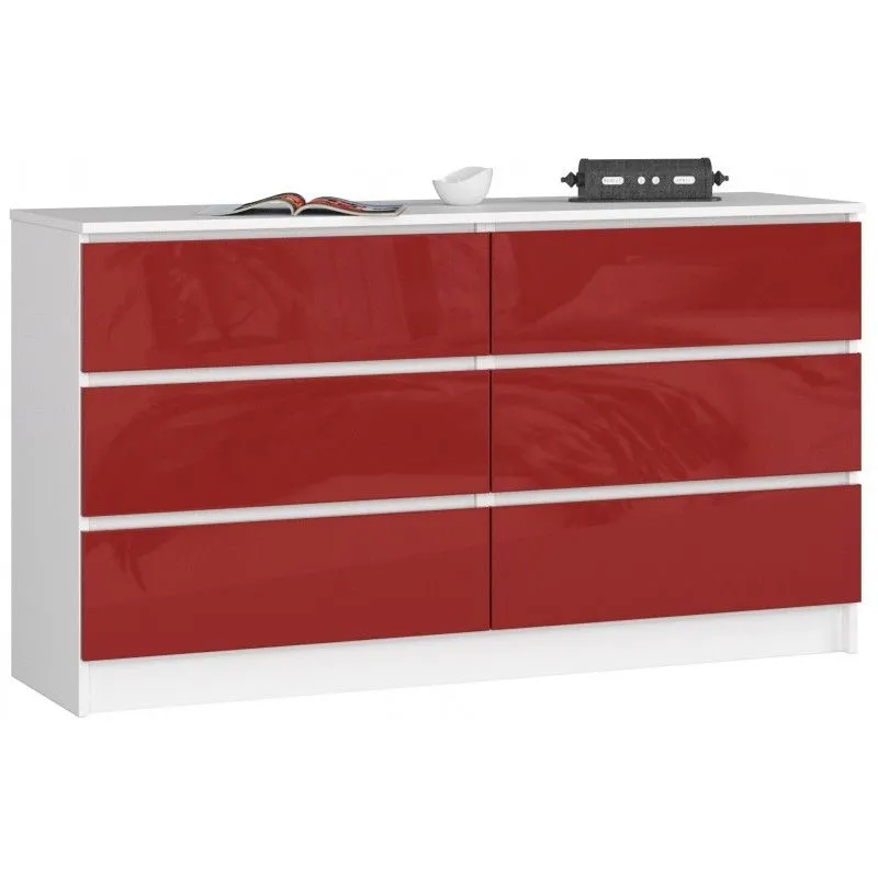 Komoda do sypialni, 6 szuflad, 140x40x77 cm, biel, czerwony, połysk