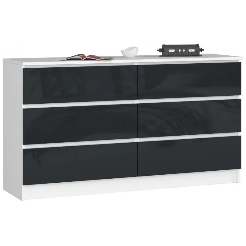 Komoda do sypialni, 6 szuflad, 140x40x77 cm, biel, grafit, połysk