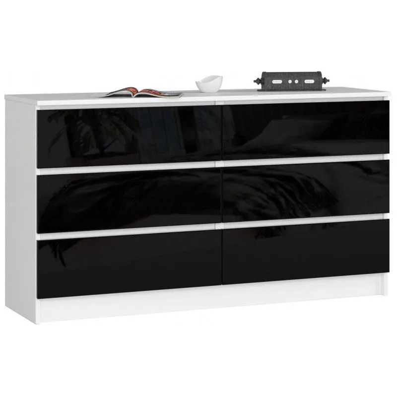 Komoda do sypialni, 6 szuflad, 140x40x77 cm, biel, czarny, połysk