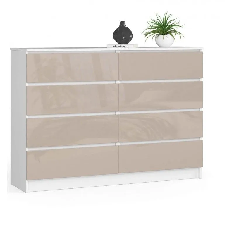 Komoda do sypialni, 8 szuflad, 140x40x99 cm, biel, cappuccino, połysk