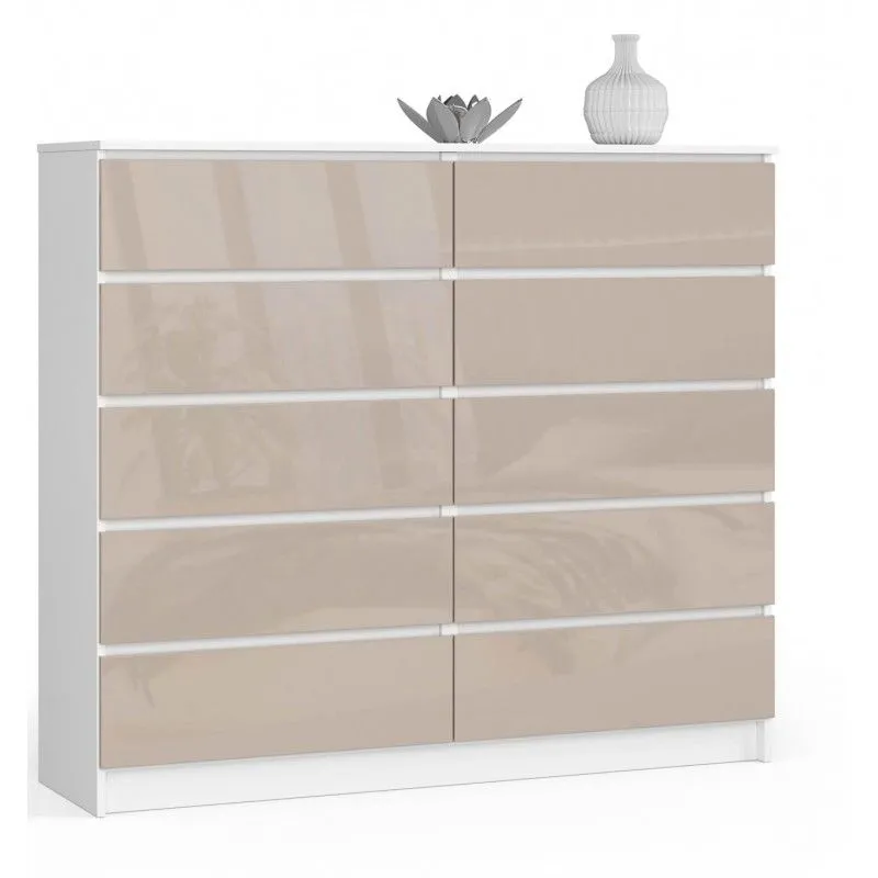 Komoda do sypialni, 10 szuflad, 140x40x121 cm, biel, cappuccino, połysk