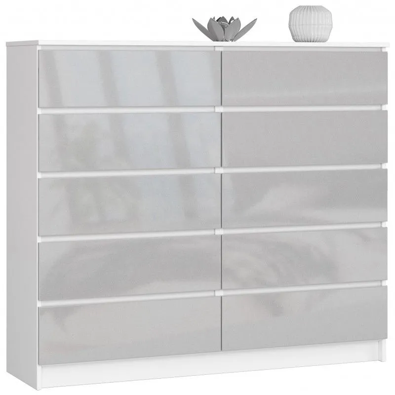 Komoda do sypialni, 10 szuflad, 140x40x121 cm, biel, metalik, połysk