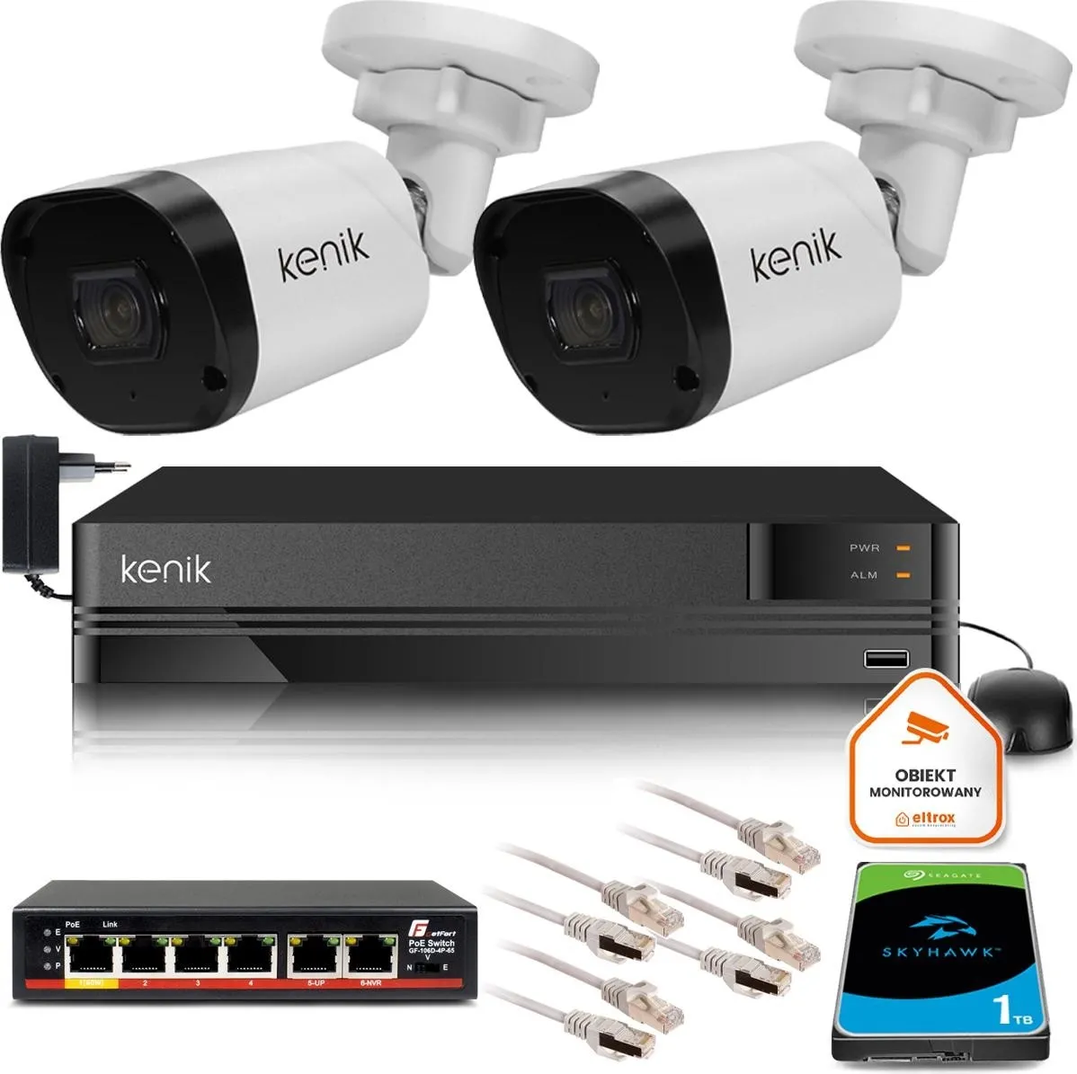 Zestaw monitoringu IP KENIK NVR-4CH 1TB 2 kamery tubowe 2MPx