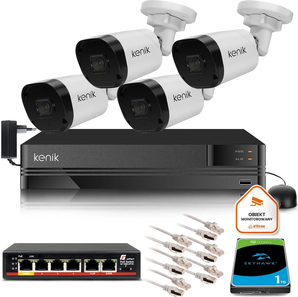 Zestaw monitoringu IP KENIK NVR 1TB-4CH 4 kamery tubowe 2MPx