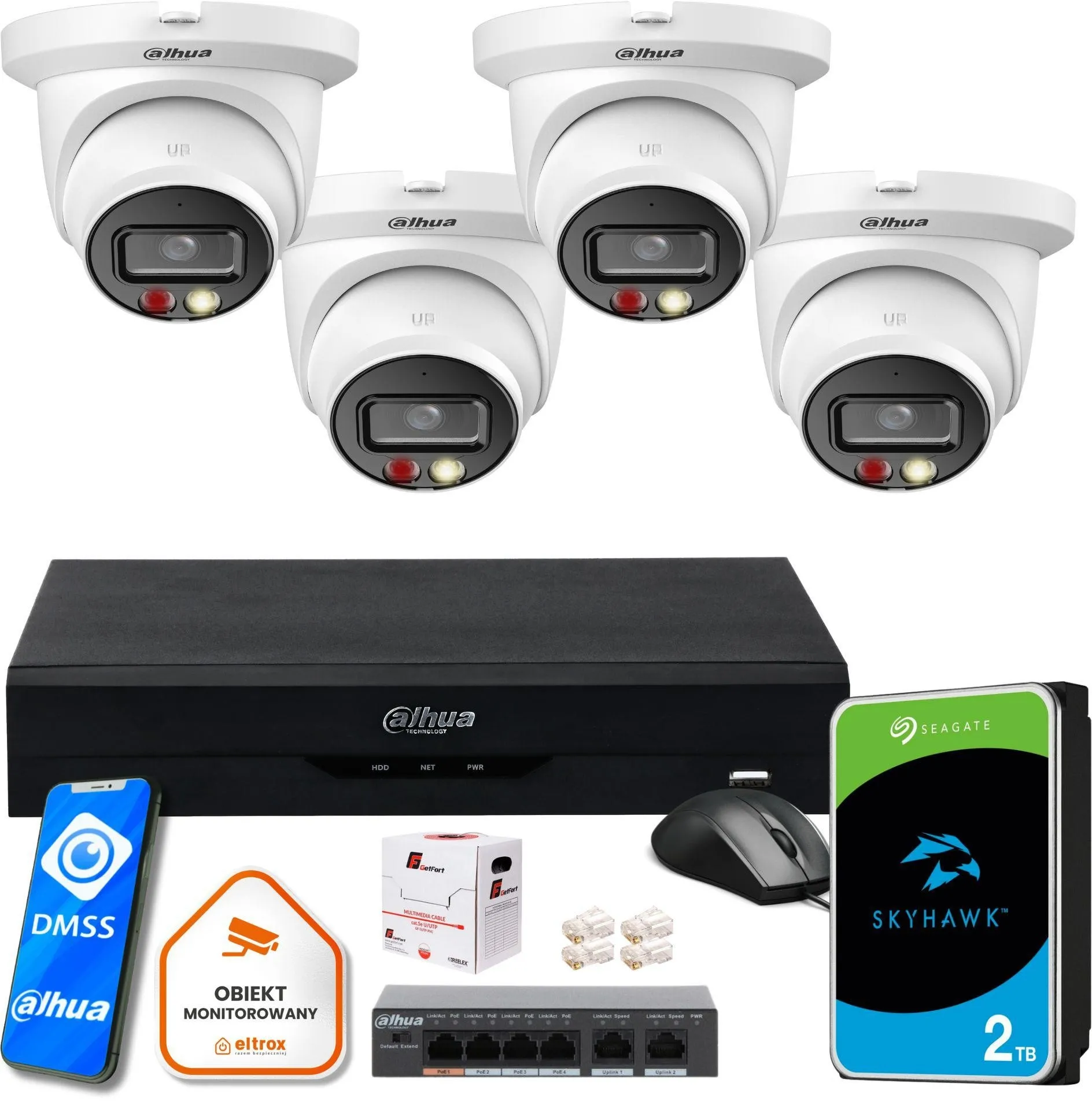 Zestaw monitoringu IP Dahua Medium NVR 4 kamery kopułowe 4MPx