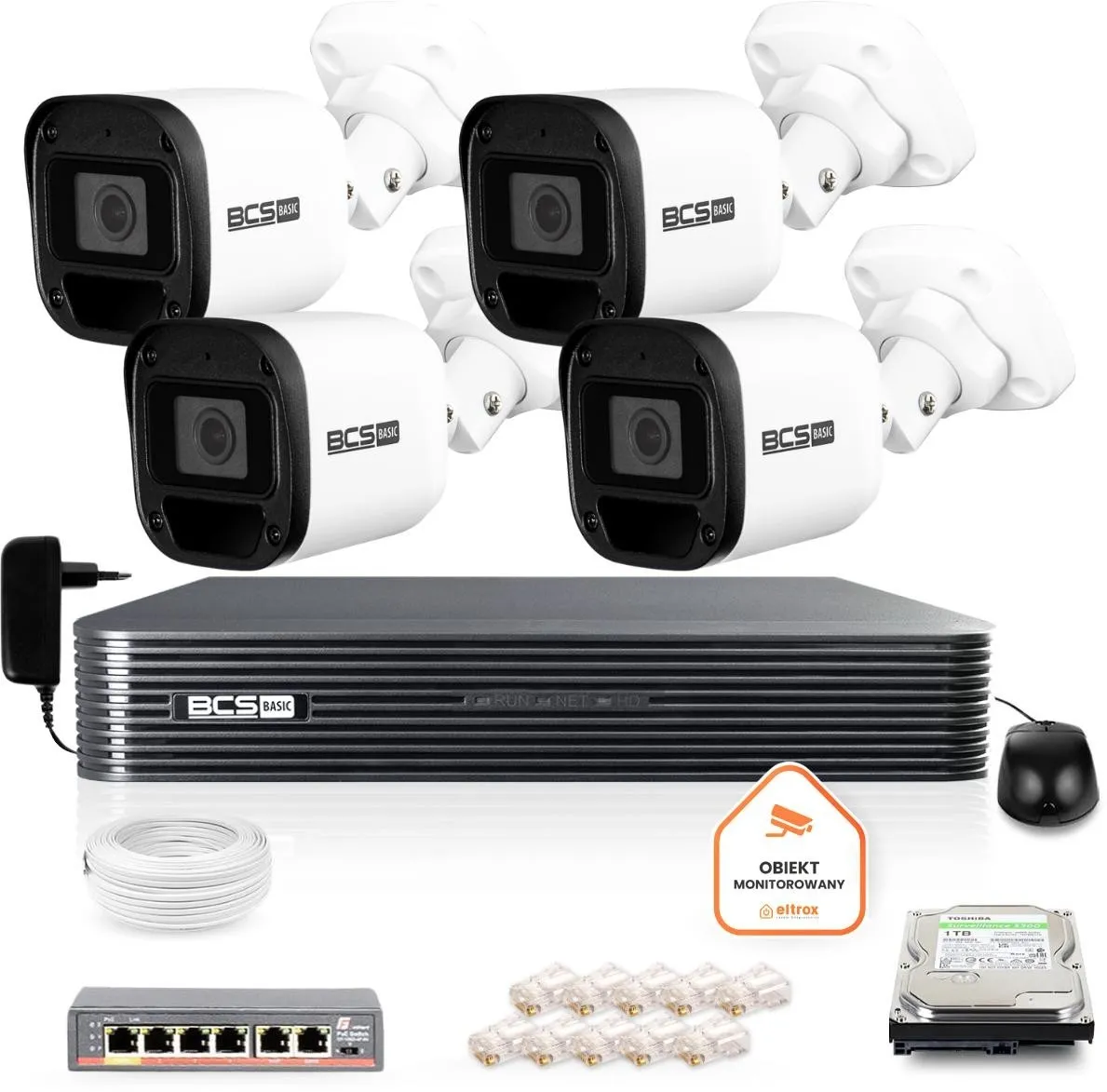 Zestaw monitoringu IP BCS Basic 4x Kamera BCS-B-TIP15FR3(2.0) Rejestrator z dyskiem 1TB