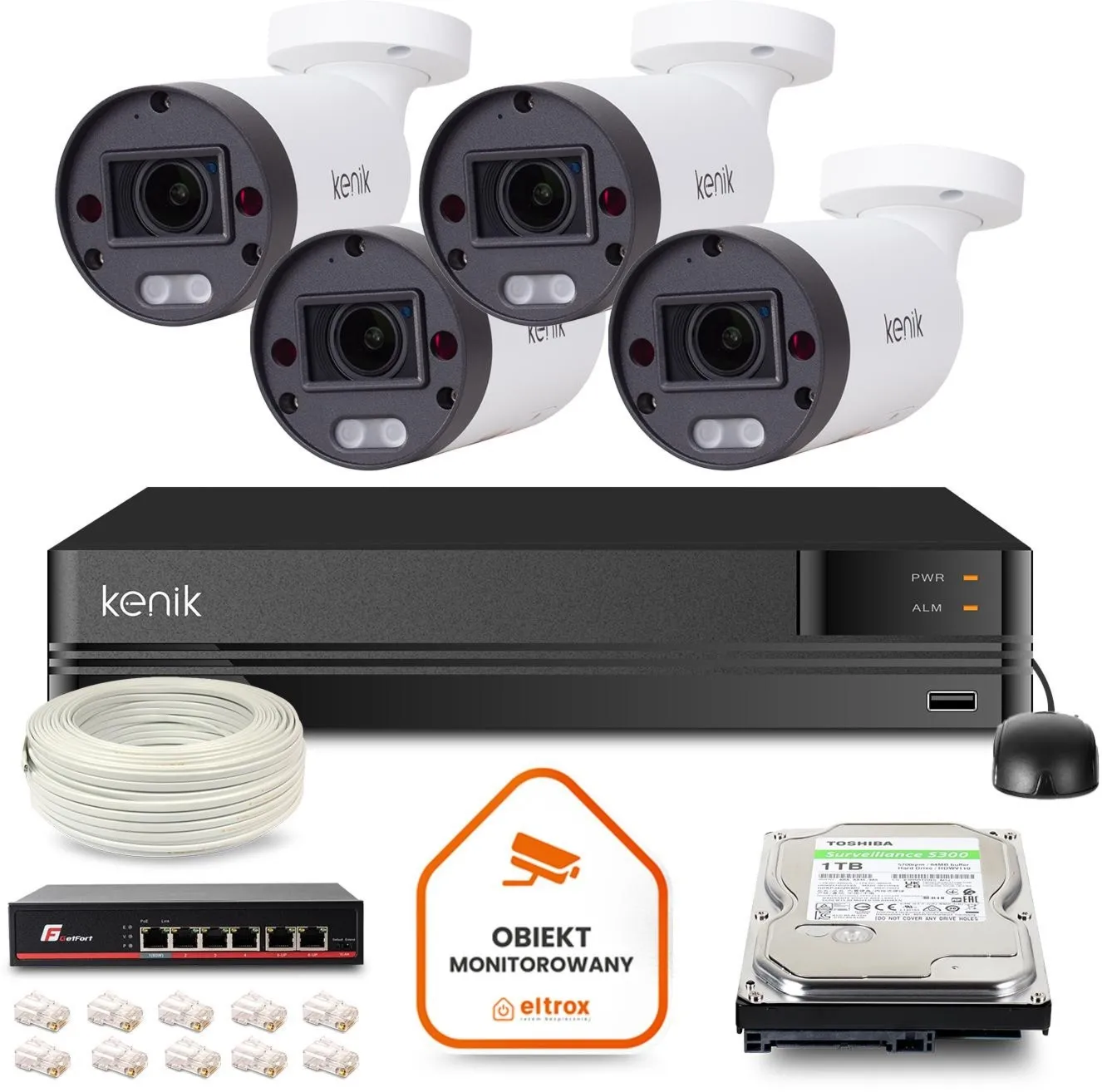 Zestaw monitoringu IP Kenik 4 kamery tubowe 5MPx IR 70m dysk 1TB