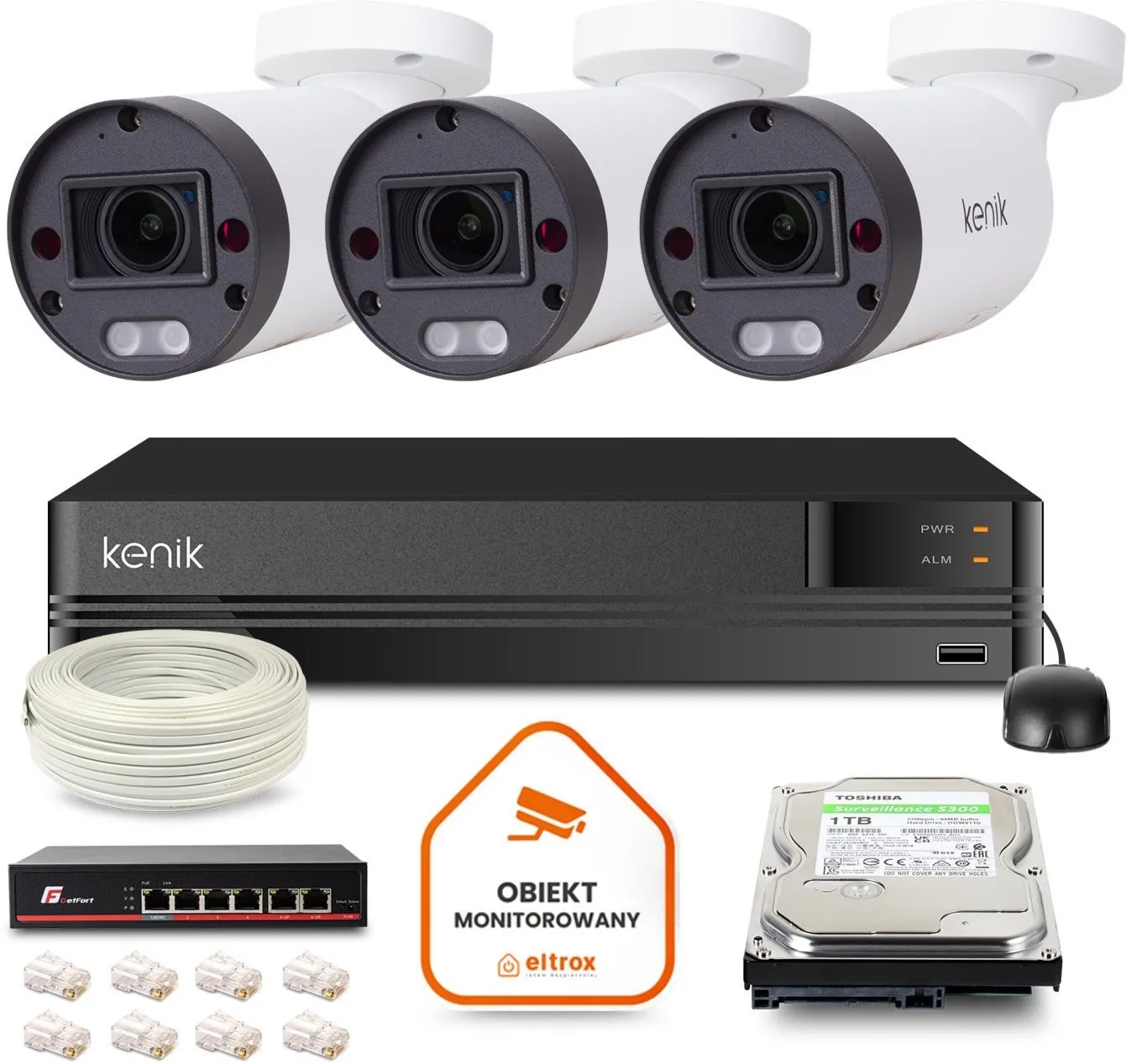 Zestaw monitoringu IP Kenik 3 kamery tubowe 5MPx IR 70m dysk 1TB
