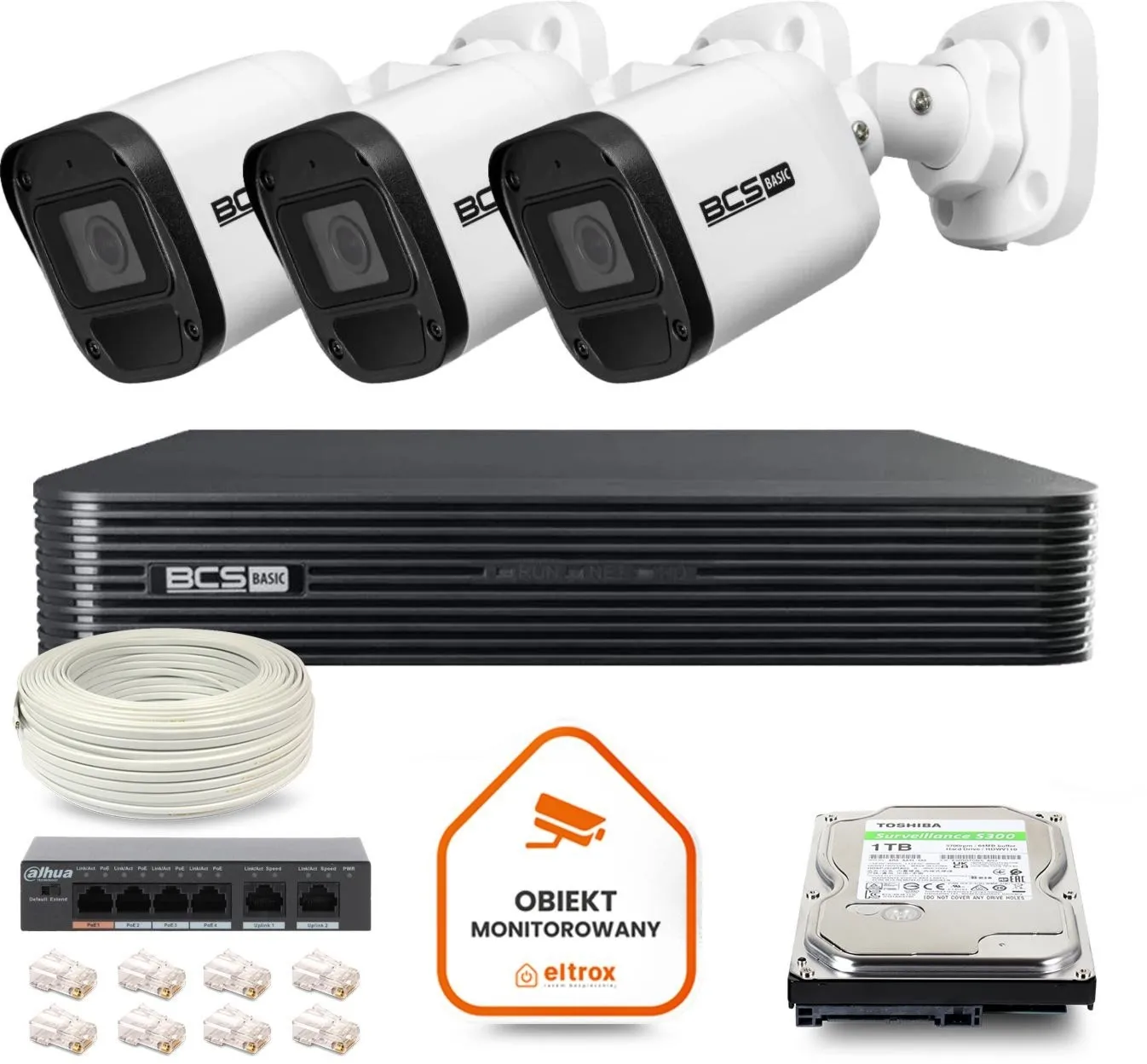 Zestaw monitoringu IP BCS Basic 3x Kamera BCS-B-TIP15FR3(2.0) Rejestrator z dyskiem 1TB