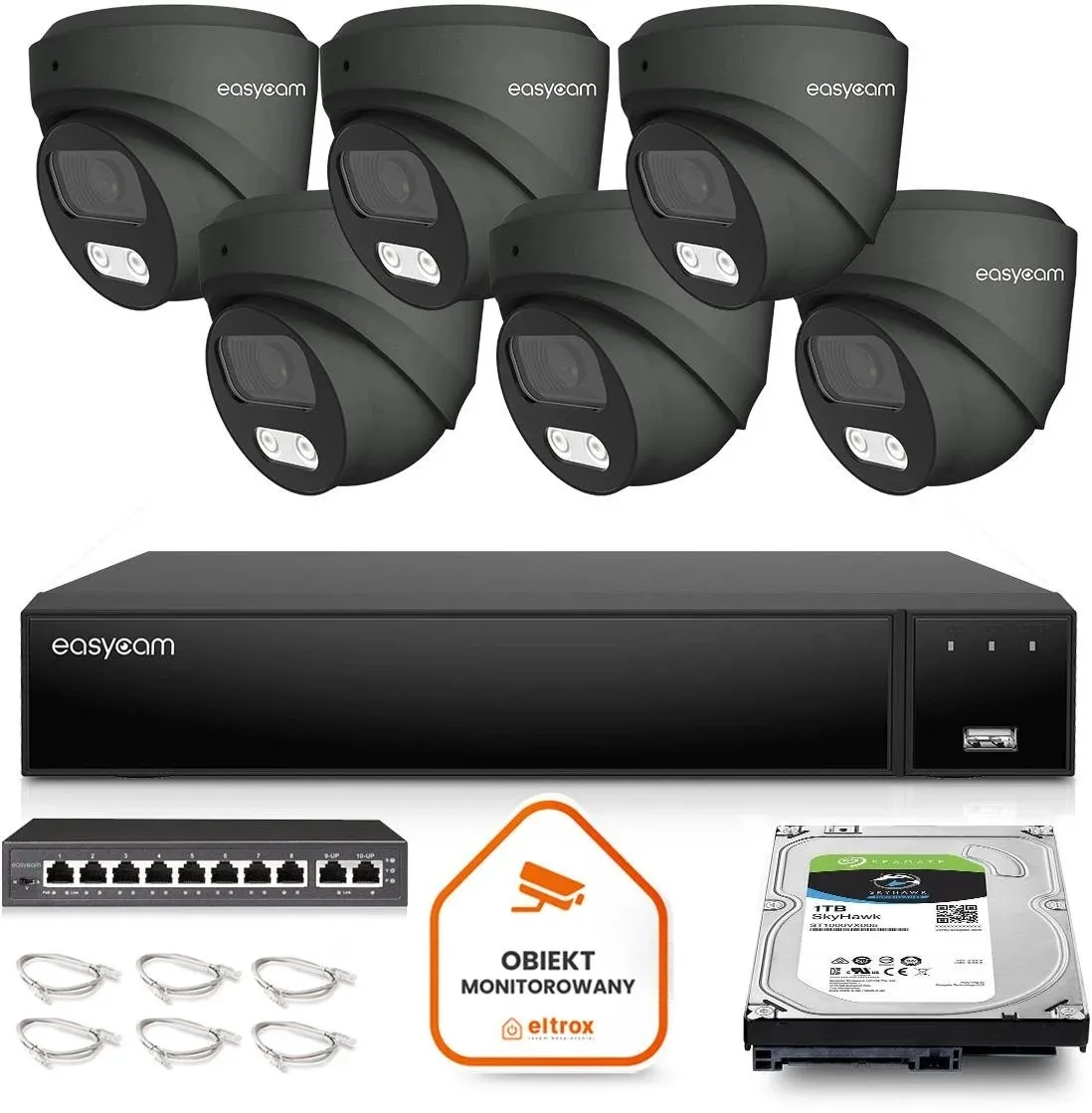 Zestaw do monitoringu IP Easycam 6 kamery EC-IP-D8MP30DL-G 8MPx POE