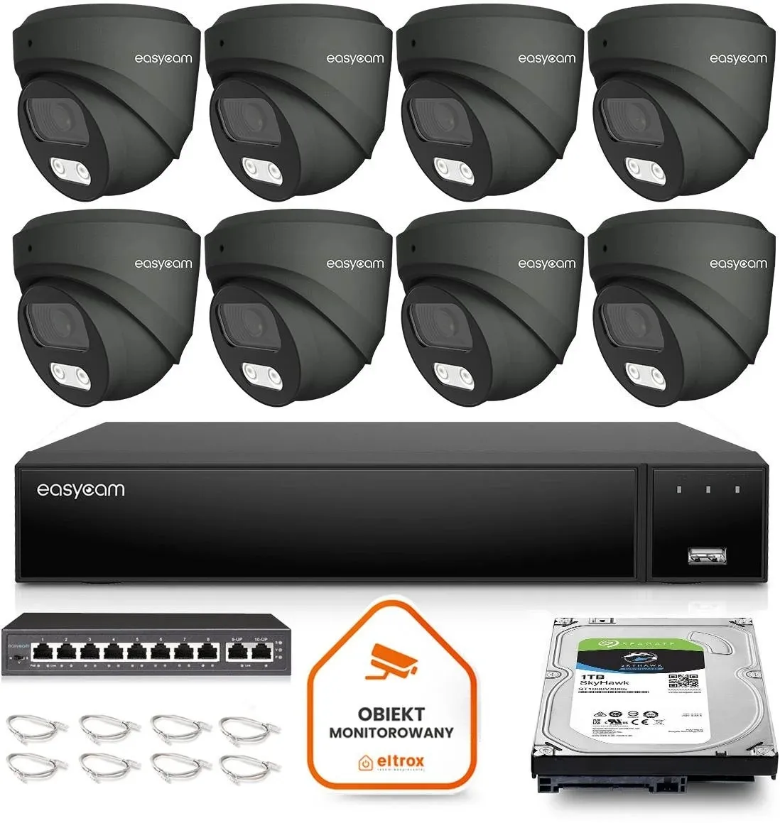 Zestaw do monitoringu IP Easycam 8 kamery EC-IP-D8MP30DL-G 8MPx POE
