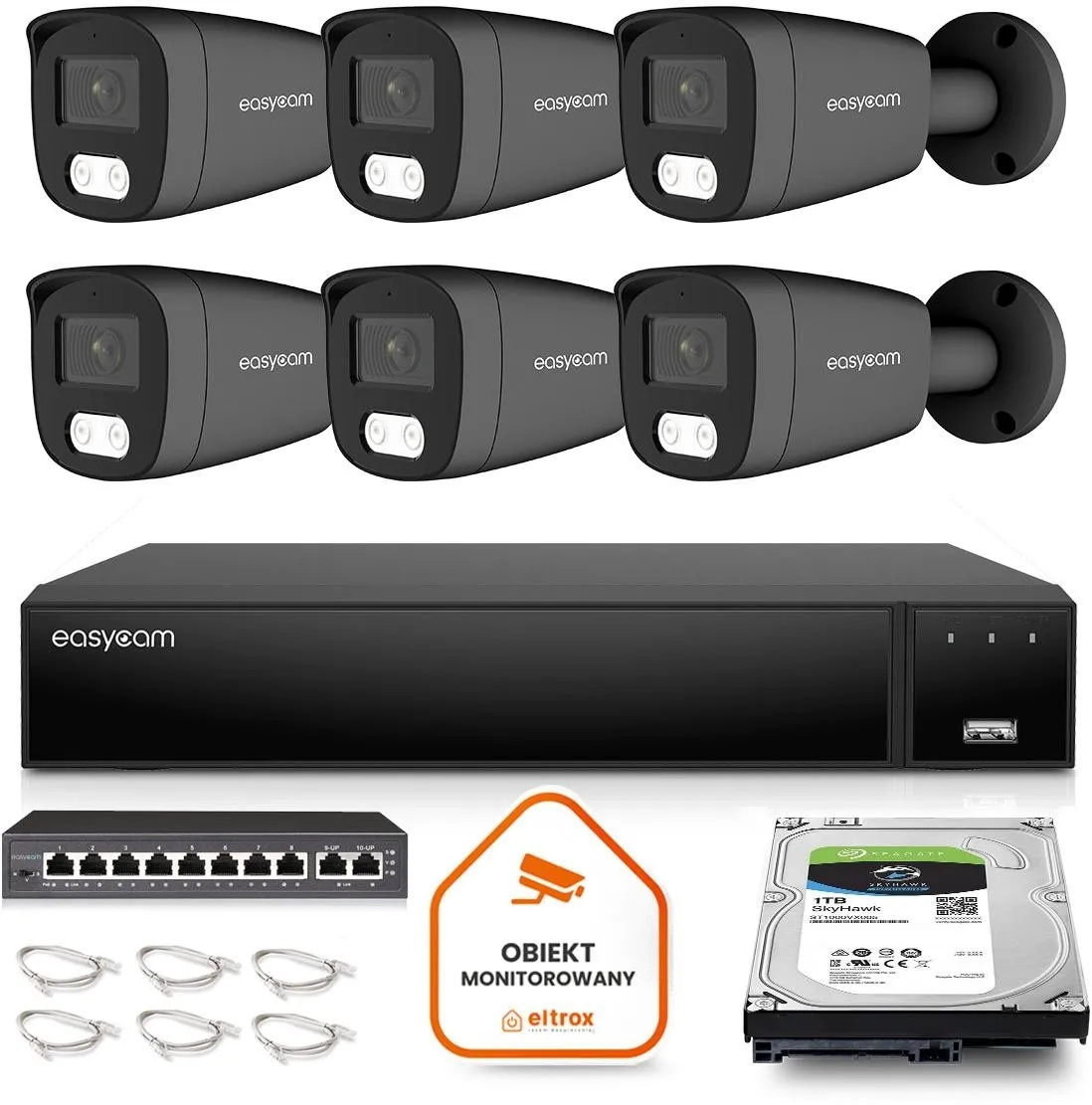 Zestaw do monitoringu IP Easycam 6 kamer z POE EC-IP-B5MP30DL-G 5MPx IR LED