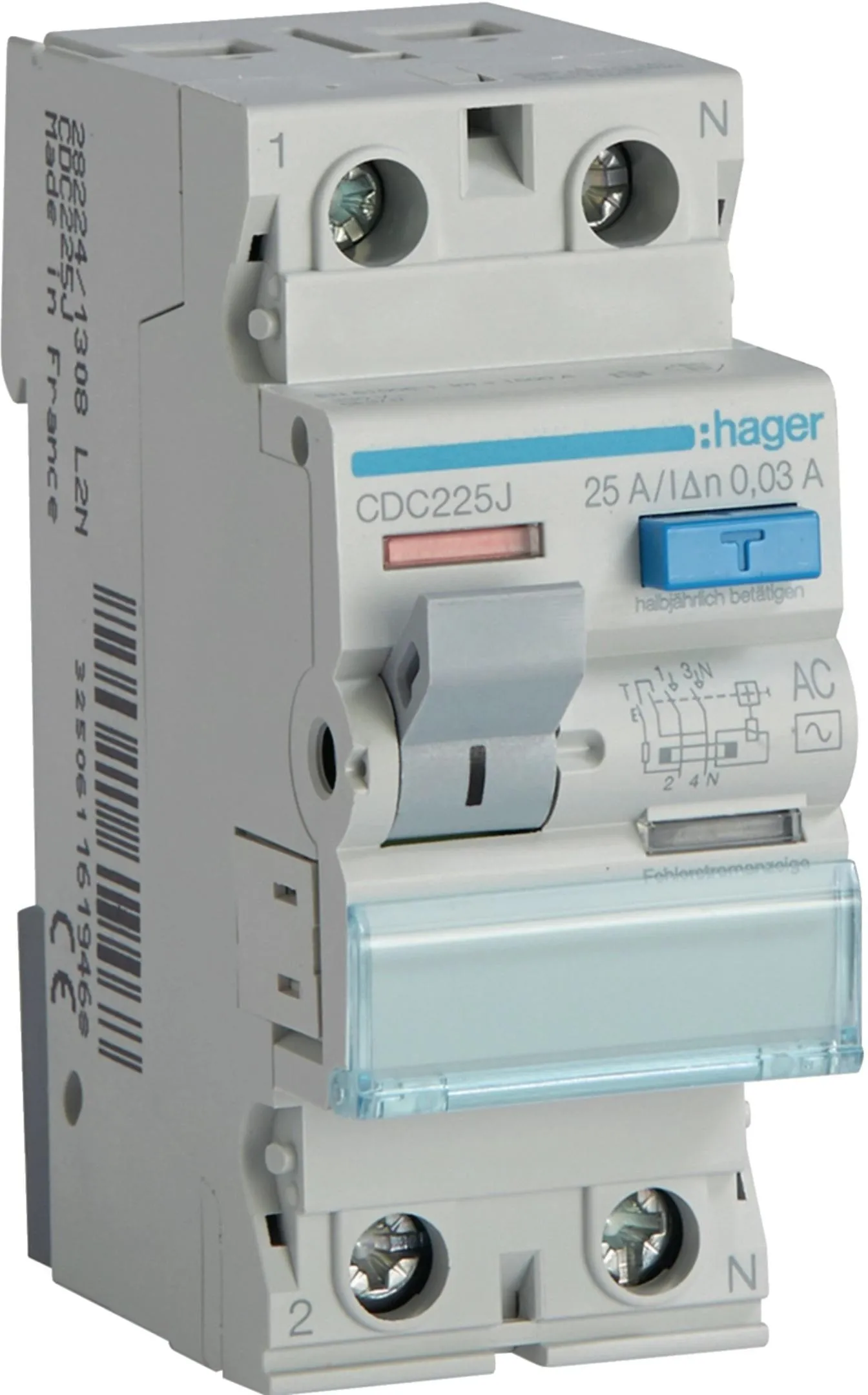 Wyłącznik różnicowoprądowy 1P+N 25A 30mA 6kA AC HAGER CDC225J