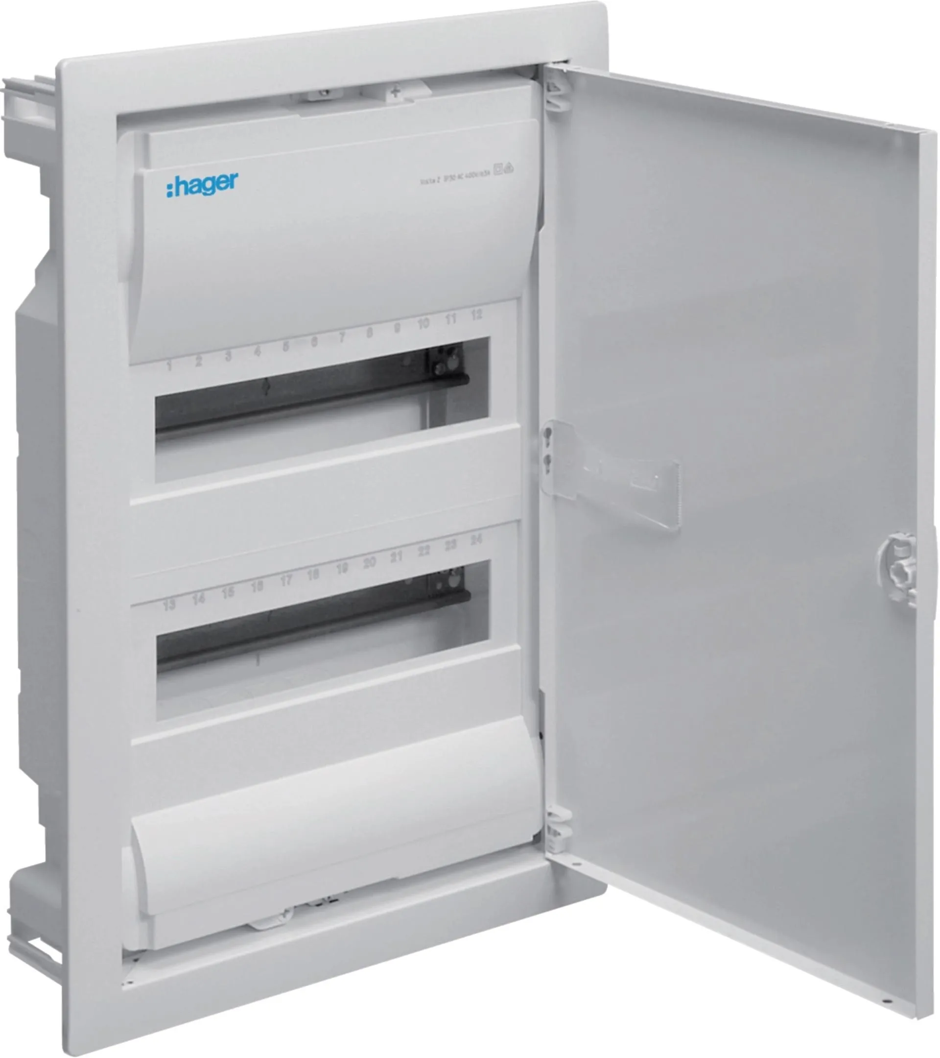 Rozdzielnica podtynkowa z drzwiami metalowymi, 2 rzędy, 24 moduły, IP30, HAGER Volta VU24NE