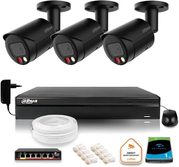Zestaw monitoringu IP Dahua 4MPx 2K 3 kamery czarne zewnętrzne z dyskiem 1TB