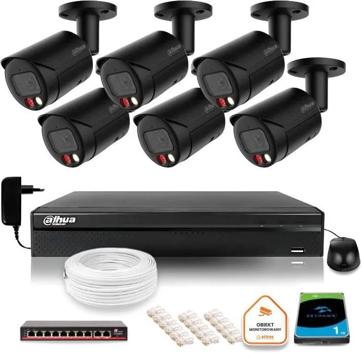 Zestaw monitoringu IP Dahua 4MPx 2K 6 kamer czarnych zewnętrznych z dyskiem 1TB