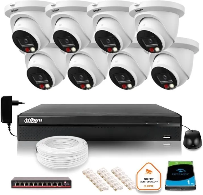 Zestaw monitoringu IP Dahua 2MPx 8 Kamer z dualnym oświetleniem 30m