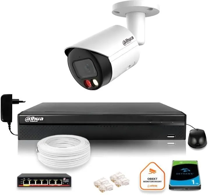 Zestaw monitoringu IP Dahua 2MPx Kamera zewnętrzna z dualnym oświetleniem 30m