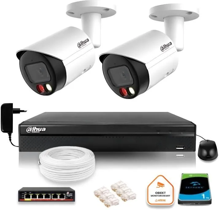 Zestaw monitoringu IP Dahua 2MPx 2 Kamery zewnętrzne z dualnym oświetleniem 30m