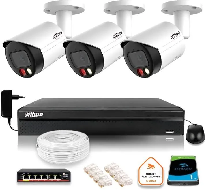 Zestaw monitoringu IP Dahua 2MPx 3 Kamery zewnętrzne z dualnym oświetleniem 30m