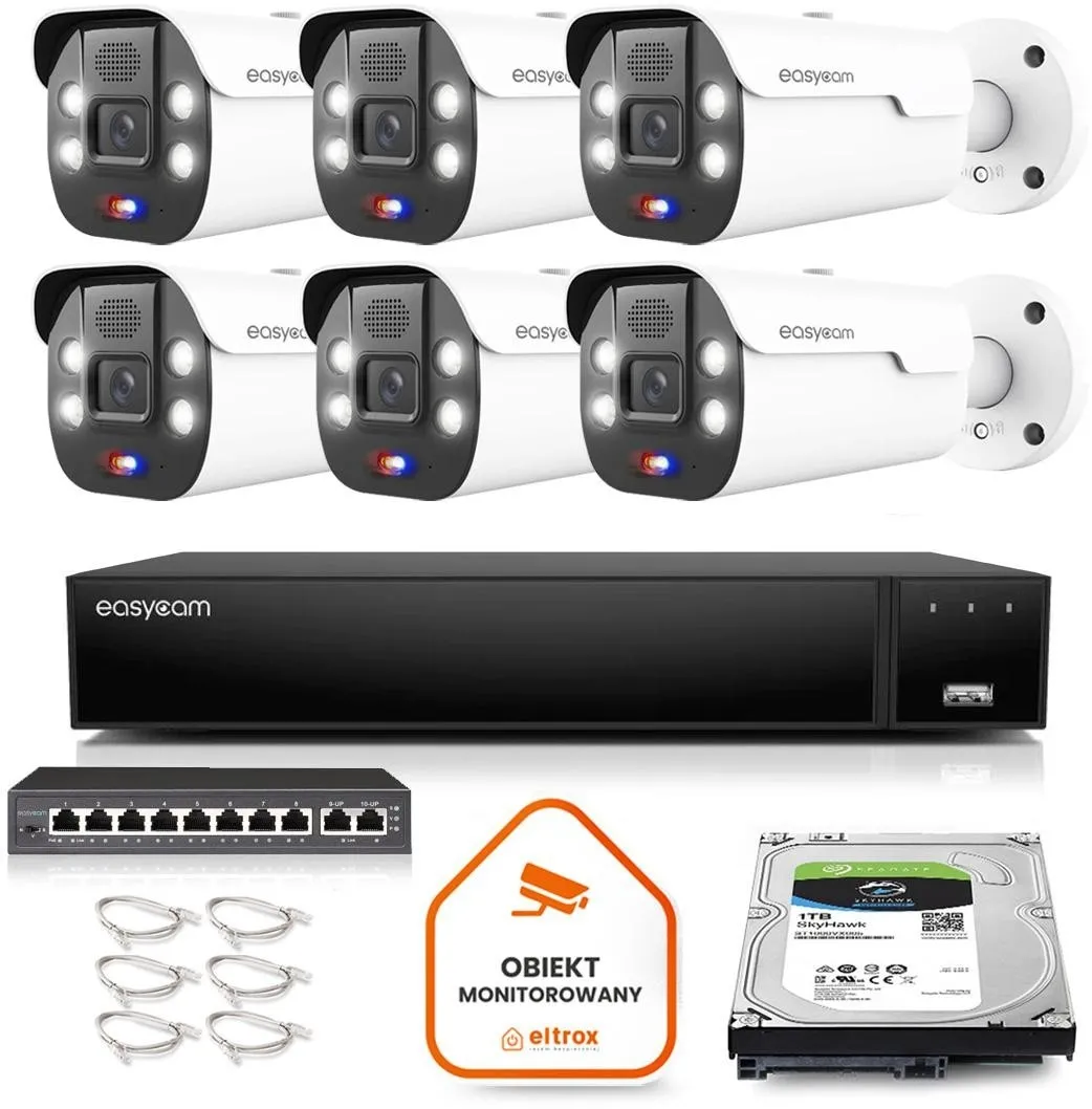 Zestaw monitoringu Easycam z 6 kamerami EC-IP-B5MP50DLT 5MPx z aktywnym odstraszaniem
