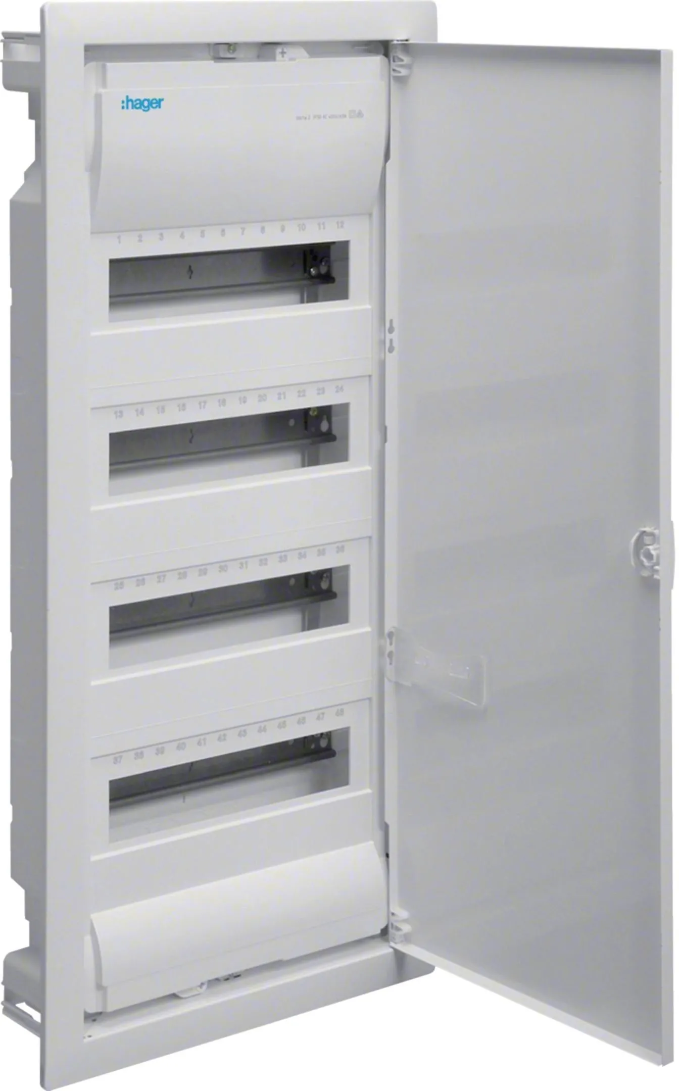 Rozdzielnica podtynkowa z drzwiami metalowymi, 4 rzędy, 48 modułów, IP30, QC, HAGER Volta VU48AT