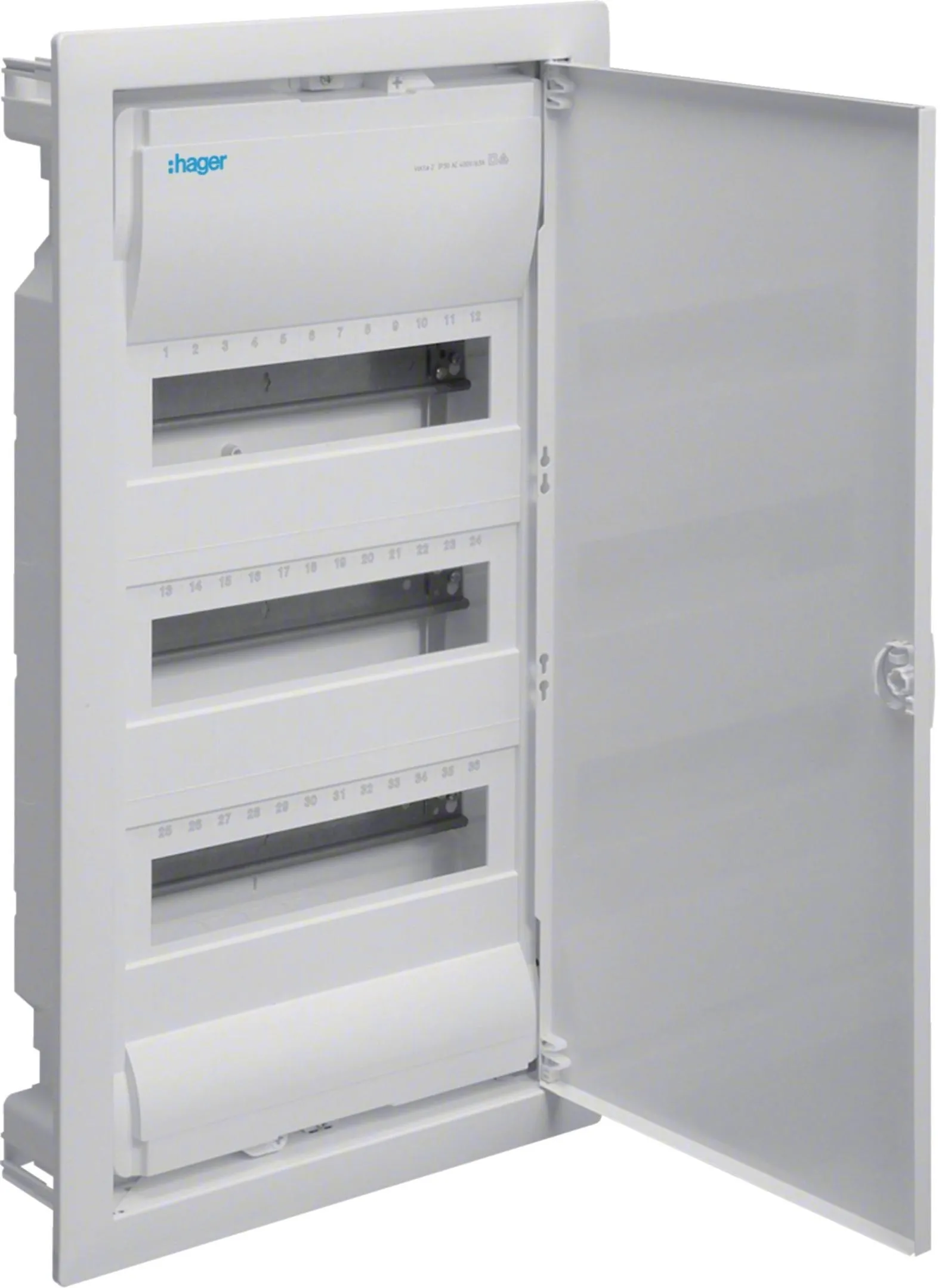 Rozdzielnica podtynkowa z drzwiami metalowymi, 3 rzędy, 36 modułów, IP30, QC, HAGER Volta VU36AT