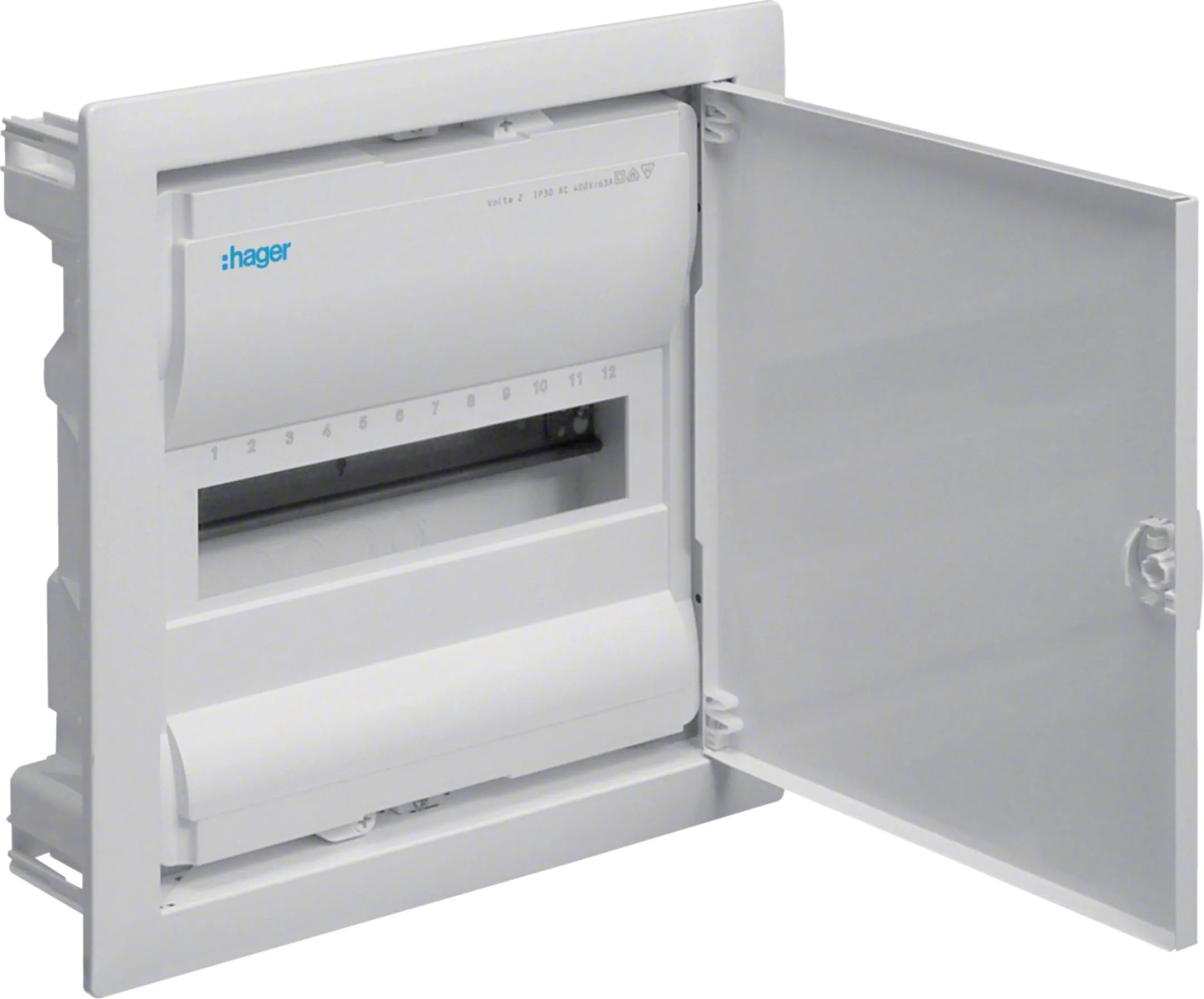 Rozdzielnica podtynkowa z drzwiami metalowymi, 1 rząd, 12 modułów, IP30, QC, HAGER Volta VU12AT