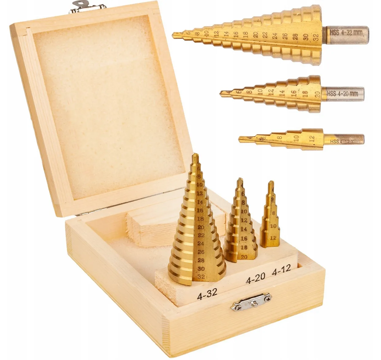 Wiertła stożkowe stopniowe tytanowe 3 sztuki (4-32 mm) SILVER